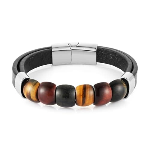 HZMAN Mens Gradient Tiger Eye Leather Bracelet for Leisure and Business