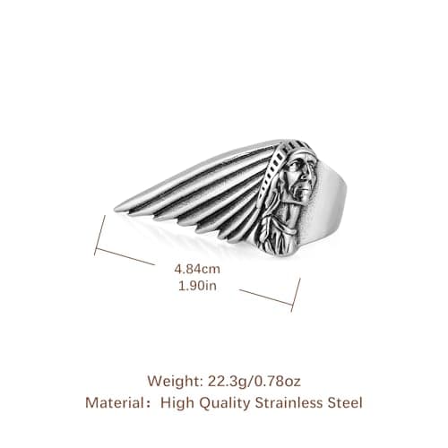 HZMAN Indian Chief Vintage Stainless Steel Head Ring for Men Jewelry Gift