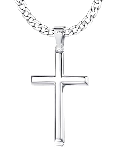 MILACOLATO Sterling Silver Cross Necklace, 5mm Stainless Steel Chain, Men & Women, 16-30 Inches
