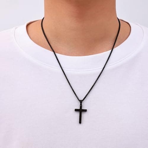 Men's Black Cross Necklace, 16-24 Inch Stainless Steel Chain