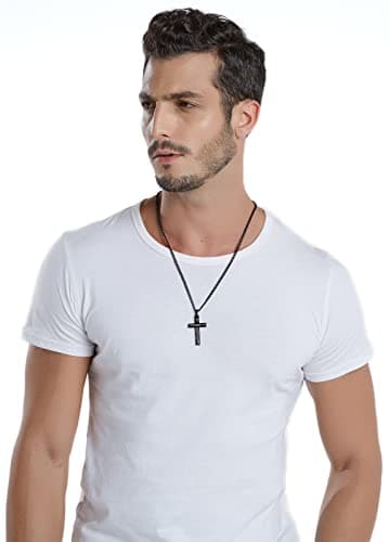 REVEMCN Men's Black Silver Stainless Steel Cross Necklace Faith Jewelry