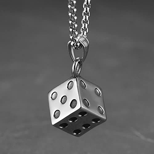 HZMAN Men's Dice Stainless Steel Gothic Pendant, Lucky Jewelry (Silver)