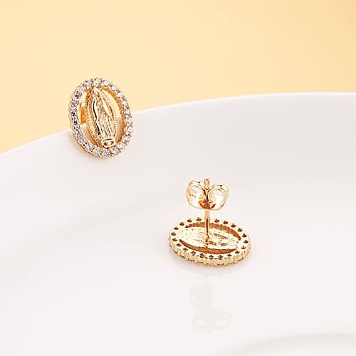14K Gold Plated Virgin Mary Stud Earrings for Women