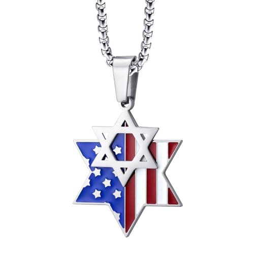 Stainless Steel Star of David & US Flag Necklace, 16-24" Chain