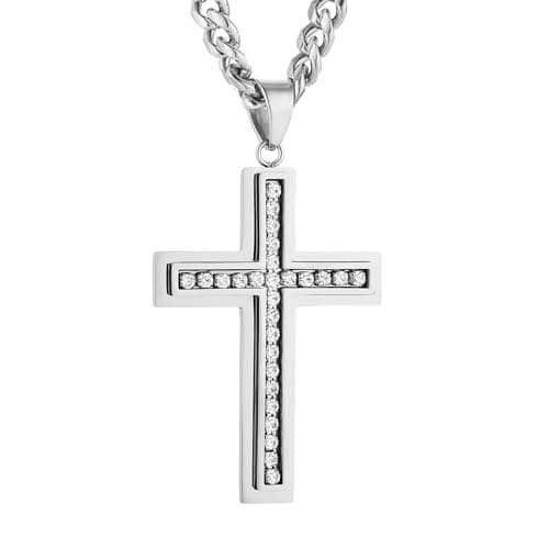 Men's Stainless Steel Cross Pendant Necklace with Cubic Zirconia Inlay and Cuban Chain