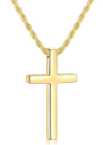 Fiusem Men's Stainless Steel Cross Necklace, 2.5mm Rope Chain, 16-28 inches