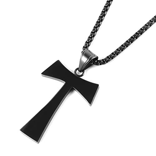 HZMAN Christian Tau Cross Pendant Necklace - Stainless Steel, 3 Colors, 22+2 Inch