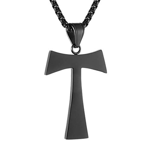 HZMAN Christian Tau Cross Pendant Necklace - Stainless Steel, 3 Colors, 22+2 Inch