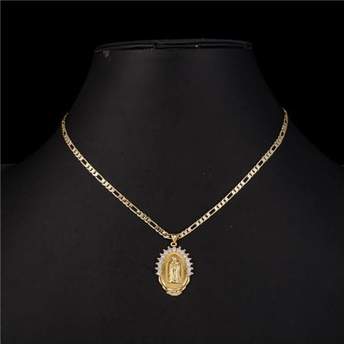 Kelistom 18K Gold Plated Virgin Mary Necklace, Oval Zircon Pendant & Figaro Chain