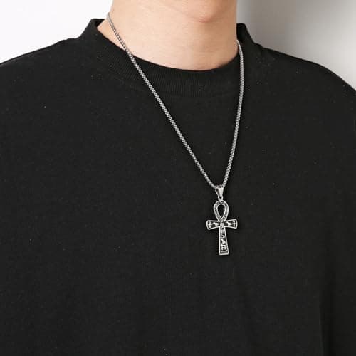 Stainless Steel Ankh Cross Pendant with Egyptian Hieroglyphic Symbol 22+2 Inch Chain