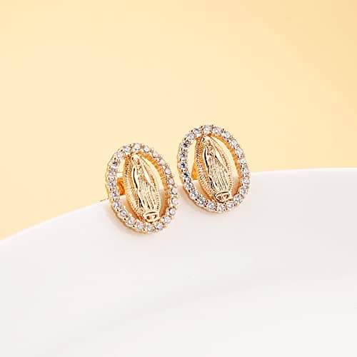 14K Gold Plated Virgin Mary Stud Earrings for Women