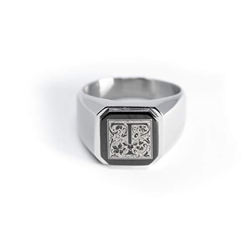 Tioneer Stainless Steel Letter Ring | Square Flat Top Men's & Women's Jewelry (Black, Gold, Silver) Size 7-16