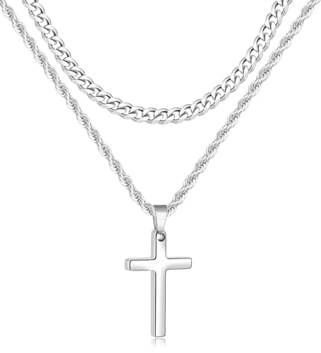 Fiusem Layered Mens Cross Necklace, Stainless Steel Pendant Rope Chain 16-26 Inch