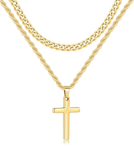 Fiusem Layered Mens Cross Necklace, Stainless Steel Pendant Rope Chain 16-26 Inch