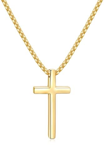 Fiusem Men's Silver/Gold/Black Cross Necklaces 2.5mm Chain, 16-24 Inch Box Chain