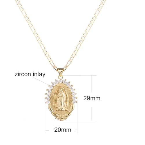 Kelistom 18K Gold Plated Virgin Mary Necklace, Oval Zircon Pendant & Figaro Chain