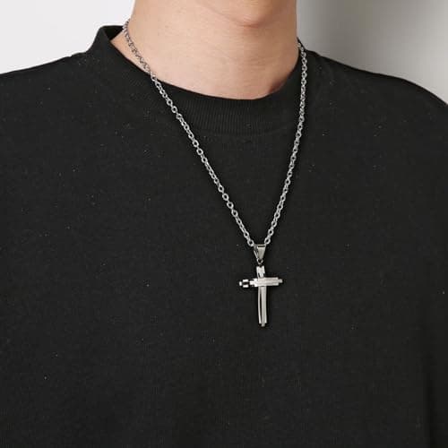 HZMAN Men's Polished Stainless Steel Silver Cross Pendant Necklace 22+2 Inches Chain