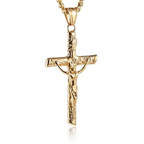 HZMAN Crucifix Cross Pendant Necklace Stainless Steel Jesus Jewelry for Men and Women with 22+2 Chain