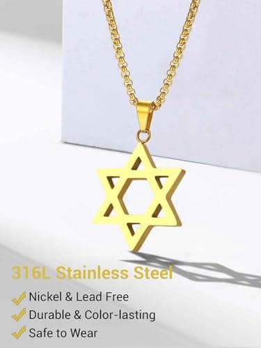 Star of David Necklace, Stainless Steel & Gold Plated, Israel Gift for Men & Women