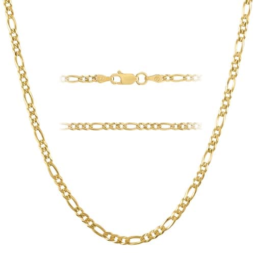 18K Gold Over Sterling Silver 3mm Figaro Link Chain Necklace - for Men & Women