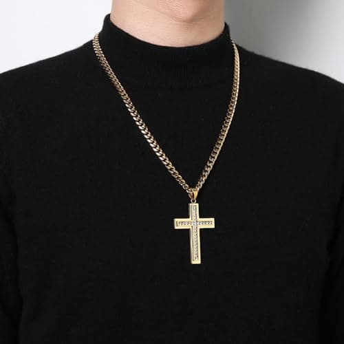 Men's Stainless Steel Cross Pendant Necklace with Cubic Zirconia Inlay and Cuban Chain