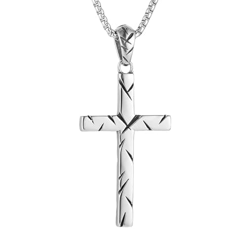 HZMAN Men's Retro Stainless Steel Scarred Cross Pendant Necklace Christian Faith Jewelry Gift