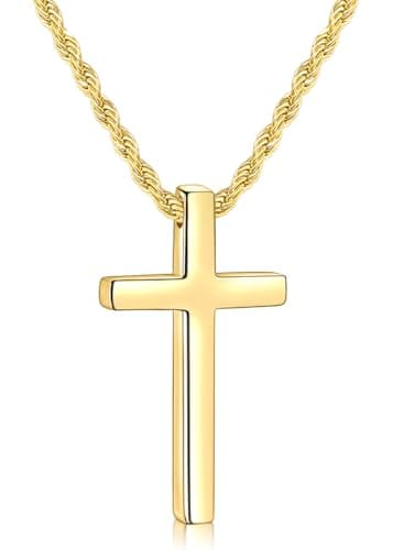 Fiusem Men's Stainless Steel Cross Necklace, 2.5mm Rope Chain, 16-28 inches