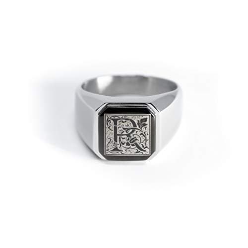 Tioneer Stainless Steel Letter Ring | Square Flat Top Men's & Women's Jewelry (Black, Gold, Silver) Size 7-16