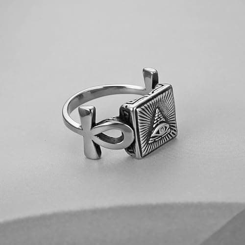 HZMAN Men's Stainless Steel Retro Coptic Ankh Eye of Providence Ring Jewelry Gift