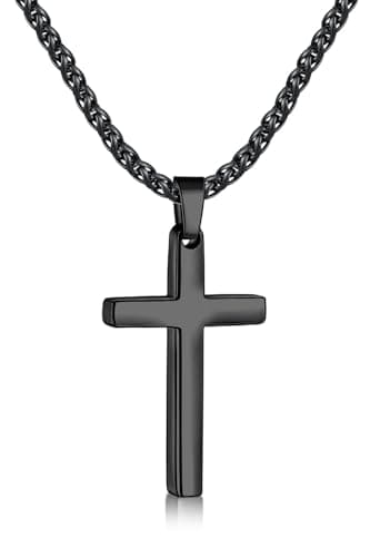 Men's Black Cross Necklace, 16-24 Inch Stainless Steel Chain