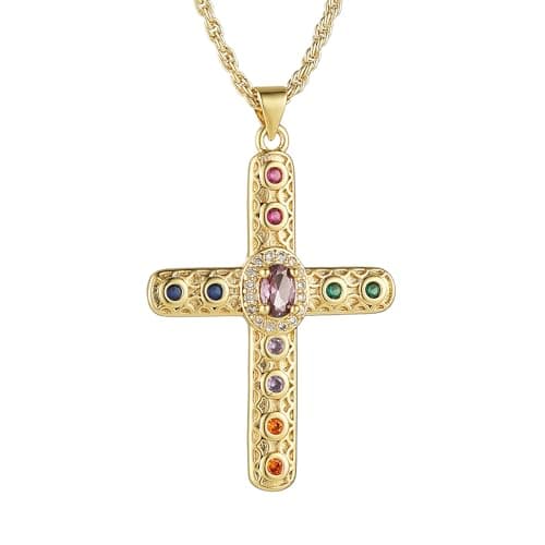 HZMAN Gold Plated Cubic Zirconia Cross Pendant Necklace for Women