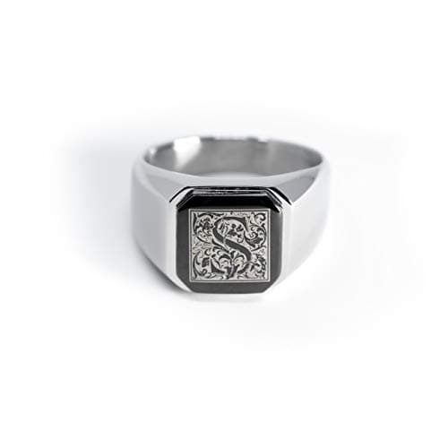 Tioneer Stainless Steel Letter Ring | Square Flat Top Men's & Women's Jewelry (Black, Gold, Silver) Size 7-16
