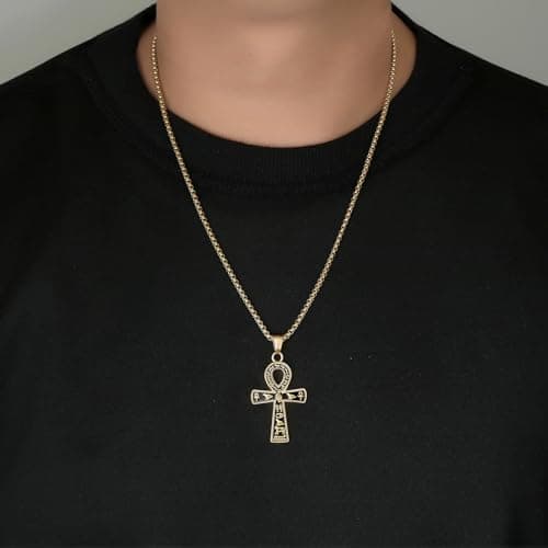 Ancient Egyptian Ankh Cross Pendant Necklace with Coptic Chain - 24 Inch Stainless Steel Chain