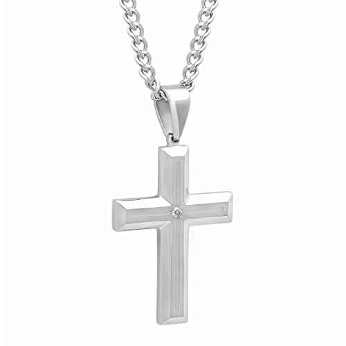 Steel Nation Jewelry Cross Diamond Necklace for Men, 24 Inch Chain