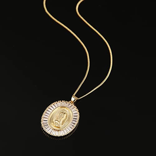 Gold Plated Virgin Mary Necklace for Women with Cubic Zirconia Halo