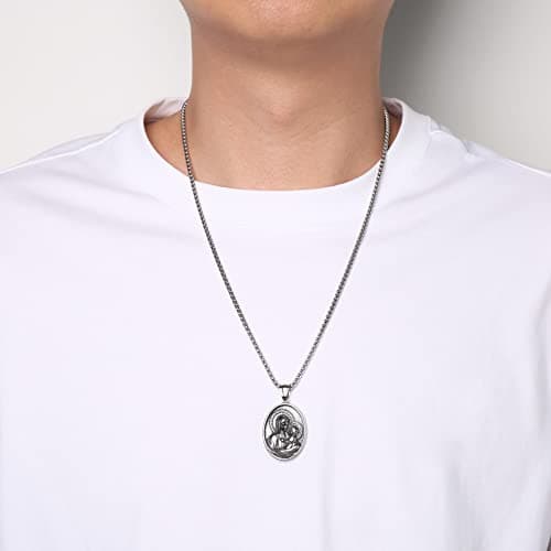 HZMAN Virgin Mary and Jesus Medal Necklace - Retro Religious Stainless Steel Christian Pendant for Men and Women