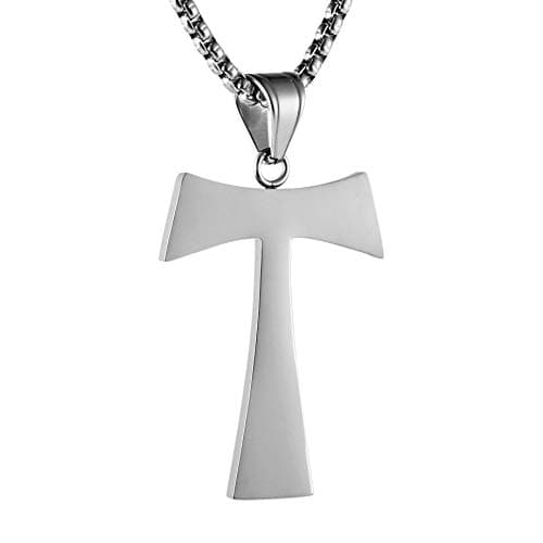 HZMAN Christian Tau Cross Pendant Necklace - Stainless Steel, 3 Colors, 22+2 Inch
