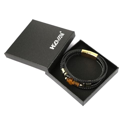 HZMAN Hand-Woven Genuine Leather Tiger Eye Cross Bracelets for Men