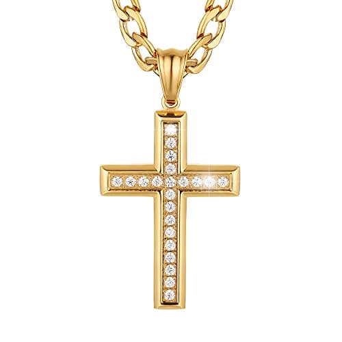 Gold-Plated CZ Cross Necklace for Men and Women - 24 Inch Chain