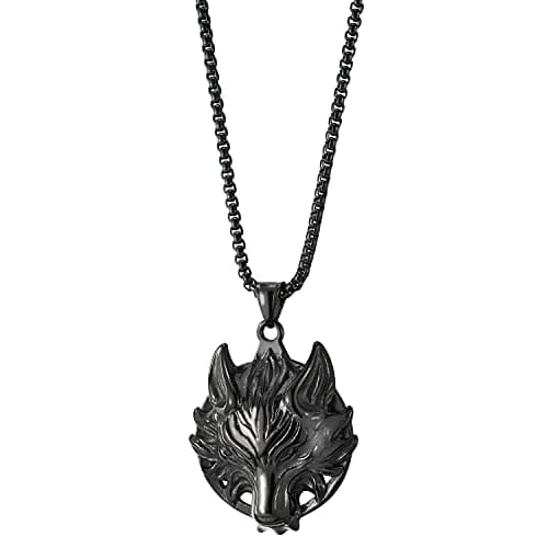 COOLSTEELANDBEYOND Mens Vintage Wolf Head Pendant Necklace, Punk Rock, 30 InchesSteel Chain