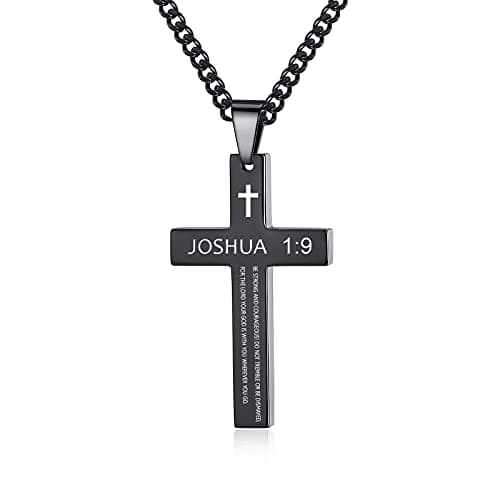 REVEMCN Men's Black Silver Stainless Steel Cross Necklace Faith Jewelry
