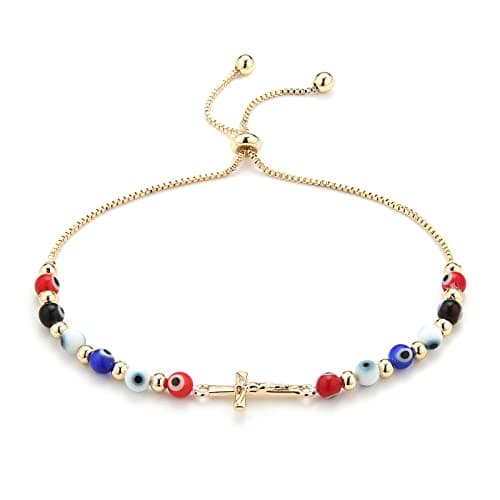 Evil Eye Bracelet with Jesus Crucifix Cross, 14K Gold Plated Stretch Bracelet