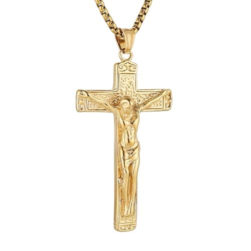 HZMAN Gold Stainless Steel Crucifix Necklace for Men Jewelry Gift