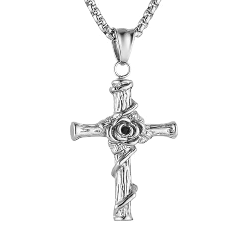 HZMAN Stainless Steel Rose Cross Necklace - Gothic Pendant Birthday Gift
