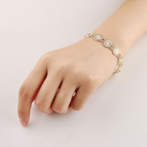 Women's Religious Virgin Mary Bracelet with Cubic Zirconia-Lined Our Lady of Guadalupe Links
