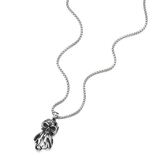 COOLSTEELANDBEYOND Vintage Octopus Skull Pendant Necklace with 30in Wheat Chain, Gothic Punk