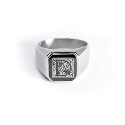 Tioneer Stainless Steel Letter Ring | Square Flat Top Men's & Women's Jewelry (Black, Gold, Silver) Size 7-16