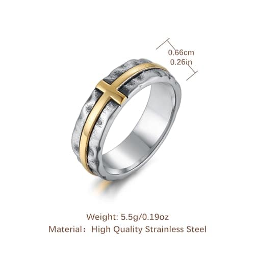 HZMAN Men's Stainless Steel Retro Hammered Cross Ring 6.5mm Wide Stackable Band Jewelry Gift