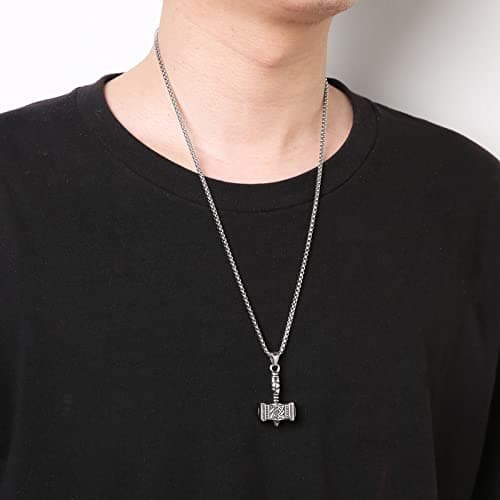 HZMAN Stainless Steel Thor Hammer Pendant Necklace 22+2 Inch Chain