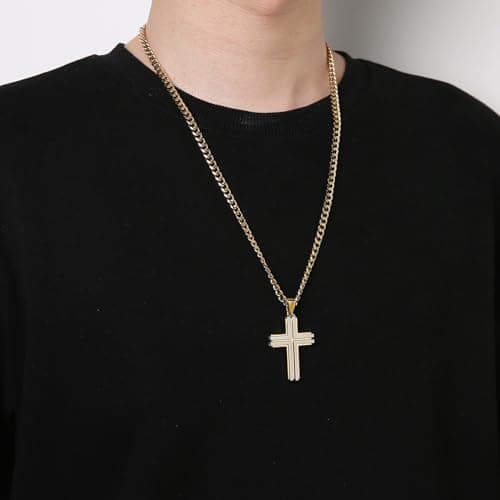 HZMAN Men's Stainless Steel Double Layer Cross Necklace Pendant Christian Faith Jewelry with 24Inch Chain